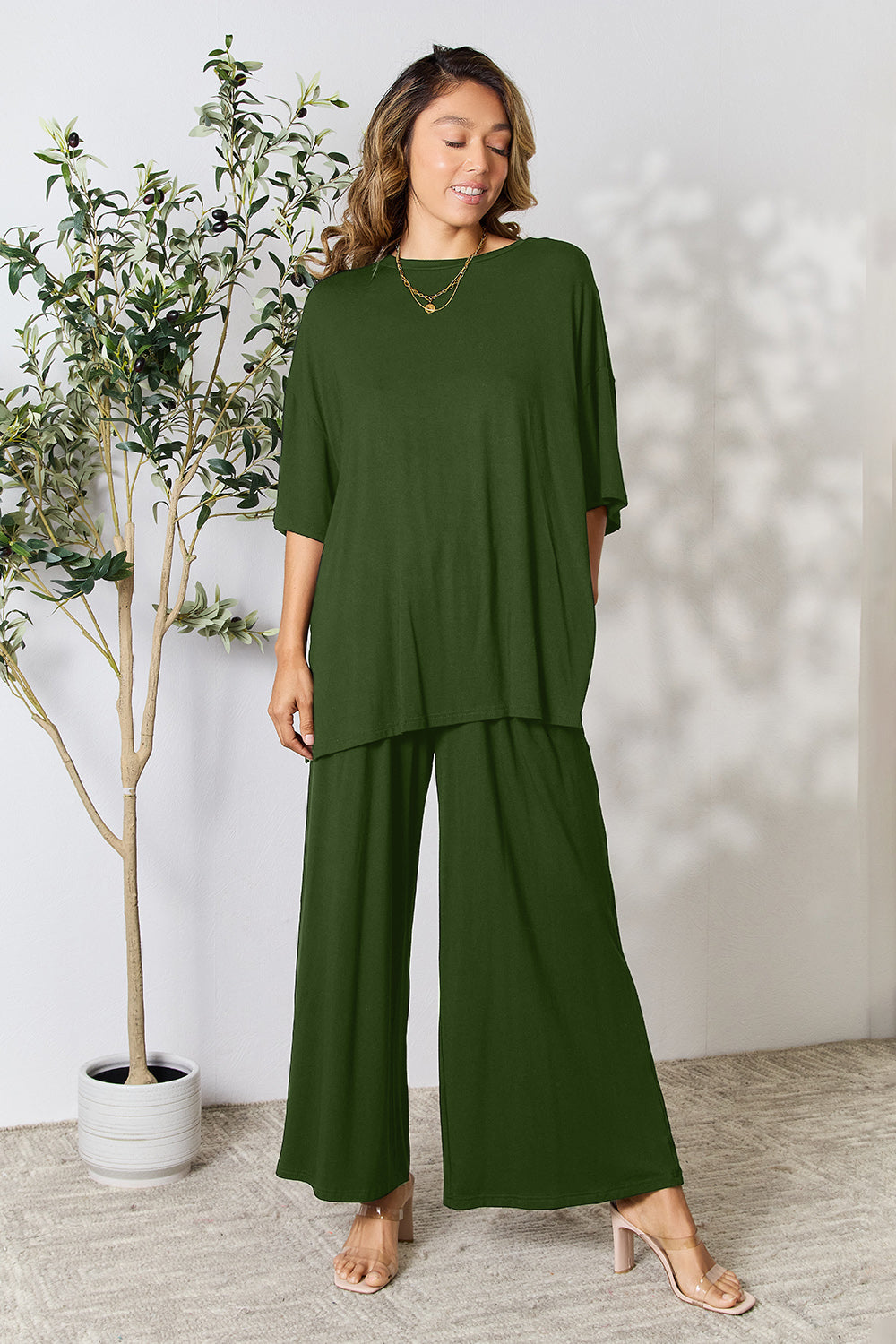 Round Neck Slit Top and Pants Set. "Size Inclusive"