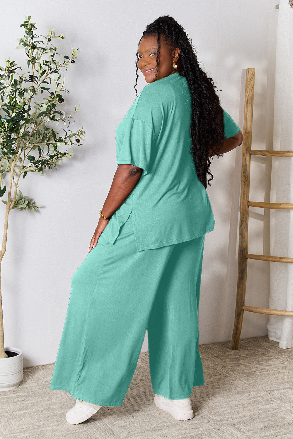 Round Neck Slit Top and Pants Set. "Size Inclusive"