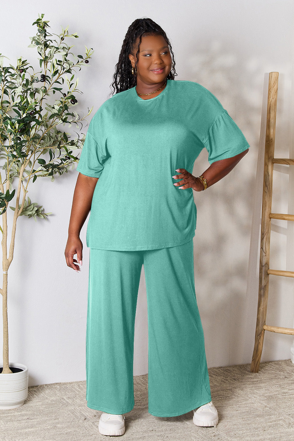 Round Neck Slit Top and Pants Set. "Size Inclusive"