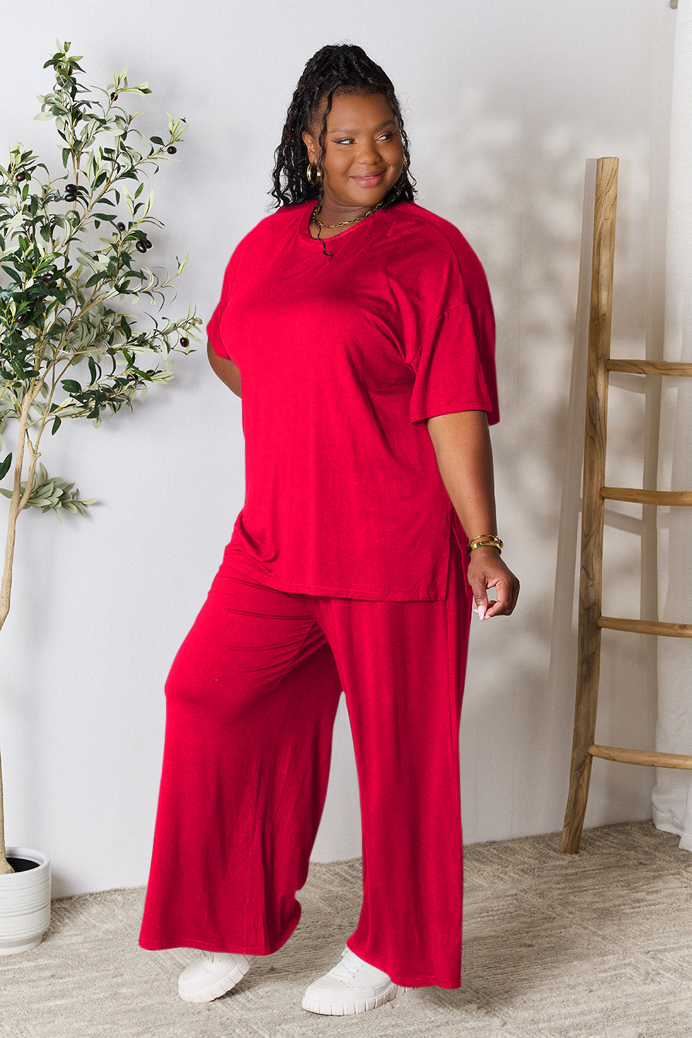 Round Neck Slit Top and Pants Set. "Size Inclusive"