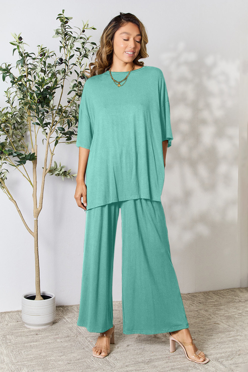 Round Neck Slit Top and Pants Set. "Size Inclusive"