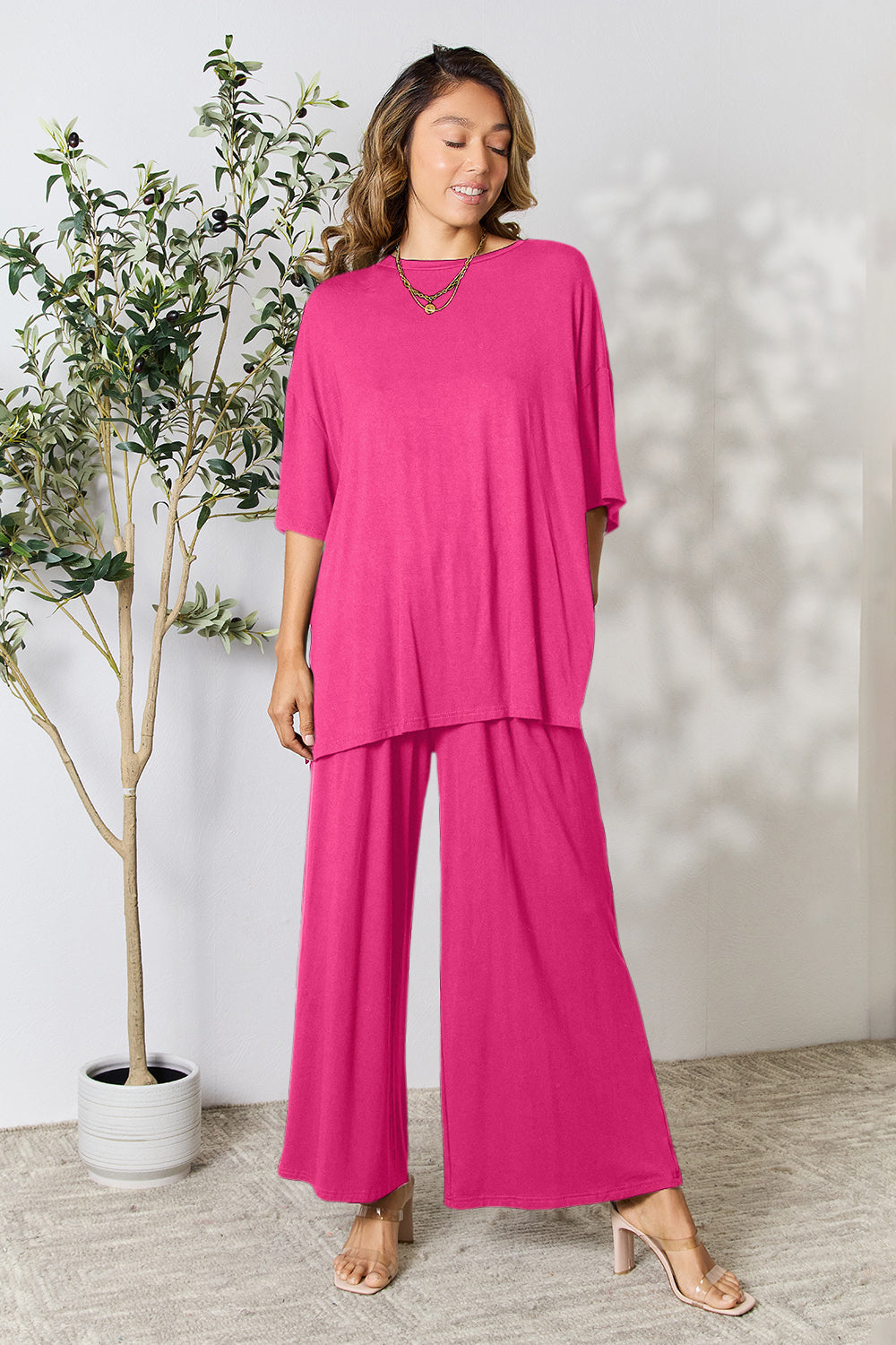 Round Neck Slit Top and Pants Set. "Size Inclusive"