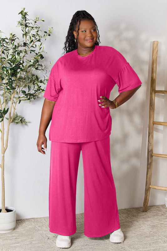 Round Neck Slit Top and Pants Set. "Size Inclusive"