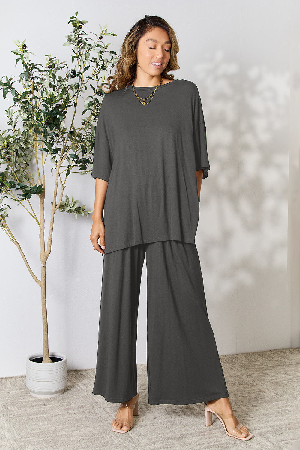 Round Neck Slit Top and Pants Set. "Size Inclusive"