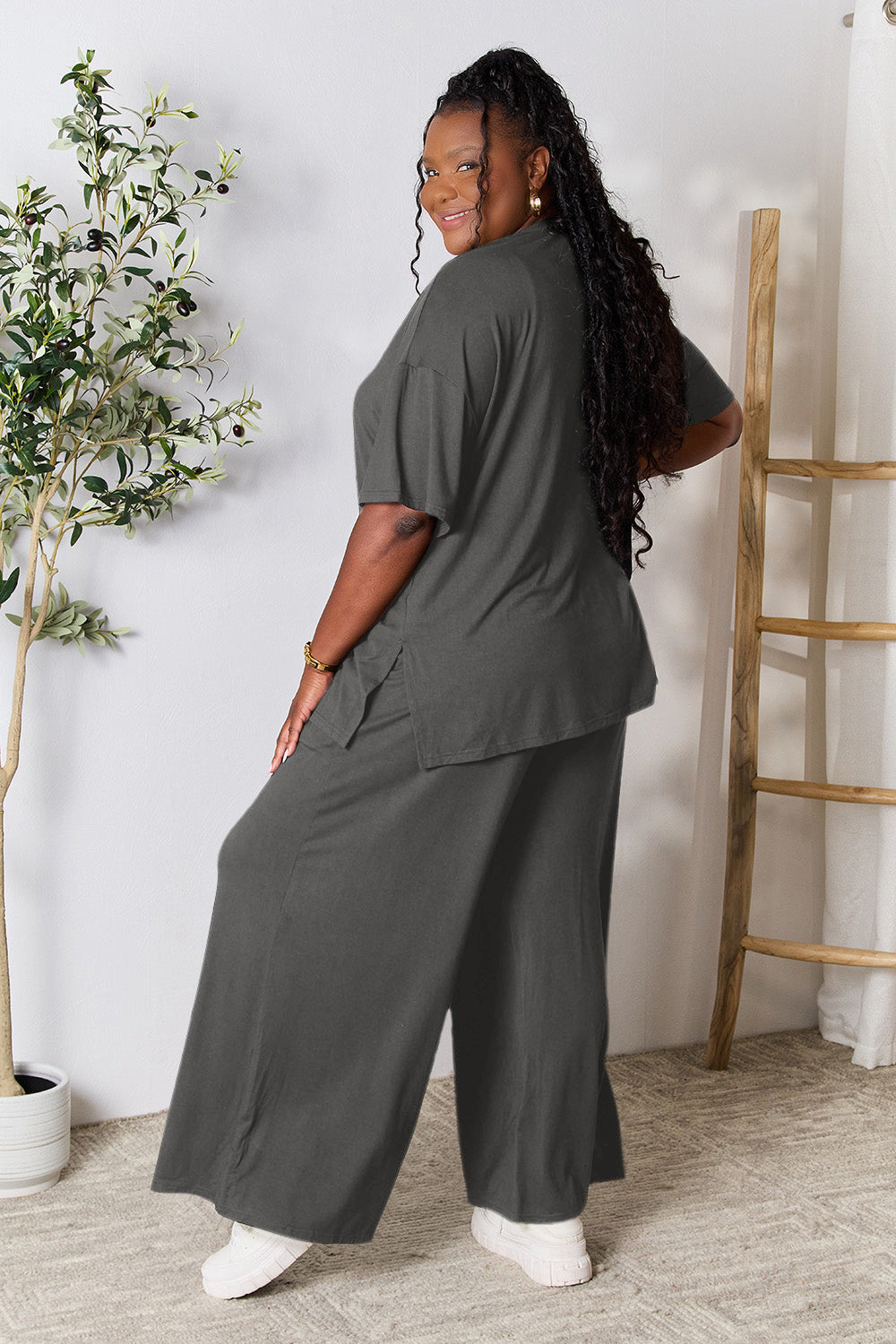 Round Neck Slit Top and Pants Set. "Size Inclusive"