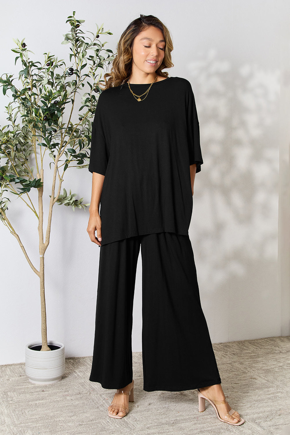 Round Neck Slit Top and Pants Set. "Size Inclusive"